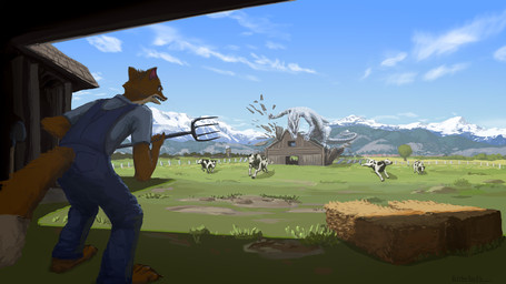 3_toes 4_fingers 4_toes angry anthro attack claws clothing cloud countershading destruction duo farm farmer feet fence feral fingers frill_(anatomy) grass hay horn landscape long_tail macro male mountain open_mouth overalls pitchfork plant reaching scales solo tail teeth toe_claws toes tongue tongue_out tools village white_body white_scales yellow_eyes bittertooth mythology bittertooth_(character) avian bird bovid bovine canid canine cattle corvid corvus_(genus) dairy_cattle dragon fox holstein_friesian_cattle mammal mythological_creature mythological_scalie oscine passerine raven red_fox scalie true_fox 16:9 2021 digital_media_(artwork) digital_painting_(artwork) hi_res painting_(artwork) widescreen