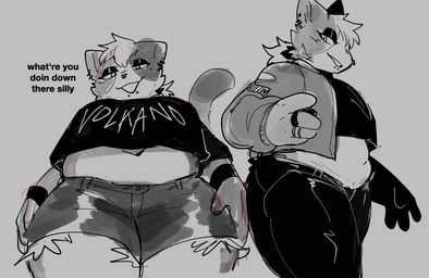 anthro bottomwear clothing denim denim_bottomwear denim_clothing denim_shorts facial_piercing female jacket looking_at_viewer looking_down looking_down_at_viewer midriff nose_piercing nose_ring piercing ring ring_piercing shorts slightly_chubby slightly_chubby_anthro slightly_chubby_female solo text topwear conditional_dnp sonokido ventura_city_drifters molly_mcknitt domestic_cat felid feline felis mammal 2025 black_and_grey english_text hi_res monochrome