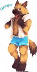 anthro barefoot biped black_nose bodily_fluids claws clothing fangs feet fur looking_at_viewer male solo standing sweat teeth text toe_claws tongue tongue_out lowerkuo canid canine canis domestic_dog mammal 2017 english_text