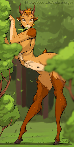 anthro bent_over_with_legs_held_straight big_breasts breasts brown_body brown_eyes brown_fur brown_hair brown_horn brown_tail convenient_censorship curvy_figure eating eyelashes facial_markings female forest_background fur hair head_markings hooves horizontal_pupils horn hourglass_figure leg_markings looking_at_viewer markings muzzle_(marking) navel nude nude_anthro plant pupils small_waist socks_(marking) solo tail text thin_calves tree wide_hips gav deer mammal 2023 artist_name hi_res url