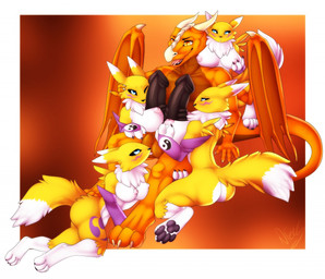 anthro breast_play breasts collaborative collaborative_sex collaborative_titfuck female genitals group harem licking male male/female multi_genitalia multi_penis non-mammal_breasts penis sex tail titfuck tongue tongue_out ni3ls bandai_namco digimon mythology iron_sunsetscales canid canine digimon_(species) dragon mammal mythological_creature mythological_scalie renamon scalie