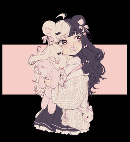 accessory alternative_fashion black_hair bodily_fluids bow_(feature) bow_accessory bow_ribbon clothing crying curly_hair daww female grey_eyes hair hair_accessory hair_bow hair_ribbon j-fashion jirai_kei light_body light_skin long_hair multicolored_hair pacifier plushie ribbons simple_background solo tears teddy_bear topwear two_tone_hair white_hair young sonyan animal_humanoid humanoid 2020 digital_media_(artwork) hi_res