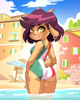 anthro balcony beach beach_chair blue_sky building butt clothing cloud ear_piercing ear_ring eyebrow_through_hair eyebrows female fur hair horn italian_flag looking_at_viewer looking_back one-piece_swimsuit parasol partially_submerged piercing plant purple_hair ring_piercing rooftop sky smile smiling_at_viewer solo swimwear tail tan_body tan_fur translucent translucent_hair tree water yellow_eyes louistrations on_your_tail diana_caproni_(on_your_tail) bovid bovine caprine goat mammal 4:5 hi_res