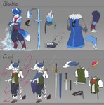 anthro blue_body blue_bottomwear blue_cape blue_clothing blue_coat blue_eyes blue_fur blue_hair blue_hat blue_headwear blue_pants blue_topwear bottomwear cape clothed clothing coat dagger dagger_in_mouth digitigrade ear_piercing ear_ring fur glistening glistening_eyes gradient_cape green_clothing green_topwear grey_background hair hat headgear headwear holding_melee_weapon holding_object holding_sword holding_weapon male markings melee_weapon mouth_closed pants piercing purple_cape purple_clothing red_eyes red_scarf ring_piercing scarf simple_background solo striped_markings striped_tail stripes sword tail tail_markings topwear weapon wearing_hat white_body white_clothing white_fur white_topwear kuttoyaki canid felid mammal hi_res model_sheet multiple_images