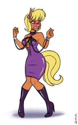 anthro blonde_hair blush boots bound chain clothing collar cuff_(restraint) dress ear_piercing female footwear hair high_heeled_boots high_heels piercing purple_boots purple_clothing purple_dress purple_footwear restraints shackles shoes simple_background solo white_background spiderweber friendship_is_magic hasbro my_little_pony ms._harshwhinny_(mlp) earth_pony equid equine horse mammal pony 5:8 absurd_res hi_res