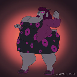 5_fingers anthro belly brown_hooves brown_horn clothed clothing dress eldritch female fingers footwear fur furgonomics grey_body grey_fur hair hooves horn overweight overweight_anthro overweight_female purple_hair shoes solo standing tail tail_through_skirt mac-daddy bovid caprine goat mammal 1:1 2023 absurd_res hi_res