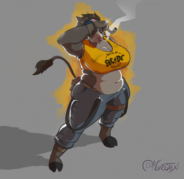 accessory american_flag anthro belly big_belly big_breasts big_butt bottomwear breasts butt cargo_pants cigarette clothed clothed_anthro clothed_female clothing cropped_tank_top eyes_closed female gloves handwear headband hooved_toes hooves mechanic overweight overweight_anthro overweight_female pants pink_nose pipe_wrench smoking smoking_cigarette solo thick_thighs united_states_of_america wide_hips wiping_forehead morgtex ac/dc dixie_(morgtex) bovid bovine cattle mammal 2025 digital_drawing_(artwork) digital_media_(artwork) english_description hi_res