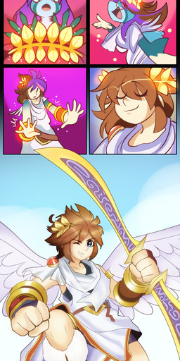 anthro anthro_to_humanoid breasts brown_hair eyes_closed female ftm_transformation gender_transformation growth hair holding_object holding_weapon looking_at_viewer male open_mouth purple_hair smile solo species_transformation surprised tf_into_fictional_character transformation weapon wing_growth wings la-frugele kid_icarus nintendo pit_(kid_icarus) angel aquatic fish humanoid shark winged_humanoid 2025 absurd_res comic digital_media_(artwork) hi_res