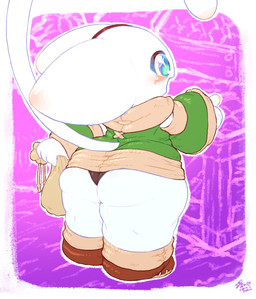 accessory anthro armwear bag big_butt big_eyes big_head biped black_clothing black_underwear blush brown_clothing butt clothed clothing detached_sleeves female fingers footwear gesture glistening glistening_eyes green_clothing hand_gesture happy holding_bag holding_object long_tail looking_away open_mouth panties pointing purple_background raised_tail rear_view seam_(sewing) shoes shortstack simple_background solo standing tail thick_thighs underwear white_body white_butt white_fingers white_tail white_thighs wide_hips keyhat_tk10 tiril felid mammal 2018 dated digital_drawing_(artwork) digital_media_(artwork) flat_colors signature