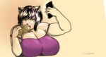 anthro big_breasts bored breasts cleavage clothed clothing colored_nails ear_piercing ear_ring eating electronics eyeliner fangs female food front_view fur hair half-closed_eyes highlights_(coloring) holding_object holding_phone hot_dog huge_breasts looking_at_object looking_at_phone makeup nails narrowed_eyes on_phone phone piercing pink_highlights pink_nails ring_piercing short_hair simple_background solo teeth text tight_clothing tight_tank_top tight_topwear topwear whiskers white_body white_fur yellow_sclera kannoie deltarune undertale_(series) catti_(deltarune) domestic_cat felid feline felis mammal english_text half-length_portrait hi_res japanese_text portrait signature