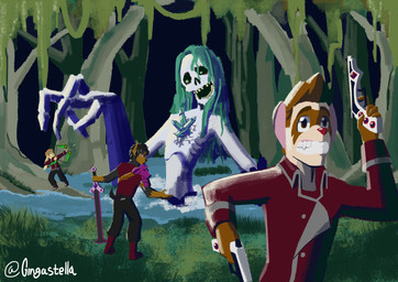 ambiguous_gender anthro bow_(weapon) female group gun male melee_weapon ranged_weapon swamp sword weapon gingastella canid canine canis dobermann domestic_dog domestic_ferret humanoid lagomorph leporid mammal mustelid musteline pinscher rabbit true_musteline weasel absurd_res hi_res