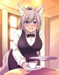 5_fingers anthro bangs big_breasts black_bow black_bow_tie blush bow_(feature) bow_in_front bow_tie breasts clothed clothing container cup cute_fangs door fangs female female_anthro fingers fluffy fluffy_tail fully_clothed fur furniture grey_body grey_fur grey_hair hair holding_object inside kemono leaning leaning_forward long_sleeves looking_at_viewer mature_anthro mature_female open_mouth open_smile saucer serving serving_beverage shirt smile snout solo table tail teeth topwear tray waiter white_clothing white_shirt white_topwear window sgsix canid canine canis mammal wolf 2016