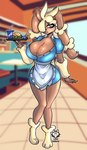 3_toes anthro barefoot big_breasts blue_clothing blue_dress blurred_background breasts brown_body brown_fur bulging_breasts burger cleavage clothed clothing dress drinking_straw eyelashes feet female food fur furniture glistening glistening_body holding_plate huge_breasts inside looking_at_viewer markings mole_(marking) mole_on_breast obstructed_eye outline pink_nose solo standing table thick_thighs toes waiter wide_hips lobovalkiria nintendo pokemon generation_6_pokemon mega_evolution mega_lopunny pokemon_(species) absurd_res hi_res