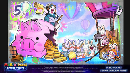 accessory aircraft anthro apron armor backwards_hat balloon bite biting_coin black_clothing black_hair black_nose black_topwear black_vest blue_clothing blue_jumpsuit blue_overalls blue_shirt blue_sky blue_topwear blue_wristband box breasts buckteeth clothed clothed_anthro clothed_female clothed_male clothing cloud coin container copyright_symbol day double_chin dressing eyelashes eyewear eyewear_on_head featureless_feet feet female female_anthro floating_eyebrows fully_clothed fully_clothed_anthro fully_clothed_female fur goggles goggles_on_head grey_apron grey_clothing grey_helmet group hair hair_bun hammer hat headband headgear headwear helmet holding_armor holding_hammer holding_headgear holding_helmet holding_object holding_paper holding_tool hot_air_balloon inflatable larger_anthro larger_female light lips long_ears male male_anthro mitten_hands motion_lines mouth_closed multicolored_body no_eyebrows noseless nude_anthro nude_male obese obese_anthro obese_female open_clothing open_topwear open_vest orange_clothing orange_hat orange_headband orange_headwear outside overalls overweight overweight_anthro overweight_female paper pawpads piggy_bank pink_tongue raised_arms red_clothing red_hat red_headwear red_lips shirt size_difference sky smaller_male symbol tan_inner_ear tan_pawpads teeth text tongue tools topwear two_tone_body vehicle vest white_body white_fur yellow_clothing yellow_shirt yellow_topwear fabio_pochet mario_plus_rabbids_sparks_of_hope nintendo raving_rabbids rayman_(series) ubisoft momma_(mario_plus_rabbids) lagomorph mammal rabbid 16:9 2022 4k absurd_res artist_name colored digital_drawing_(artwork) digital_media_(artwork) english_description english_text hi_res lighting official_art pillarbox shaded widescreen