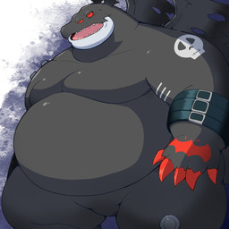 4_eyes anthro belly belt black_body claws featureless_crotch fupa male moobs multi_eye overweight red_eyes solo wings marumu_5656 bandai_namco digimon devidramon digimon_(species) 1:1 hi_res
