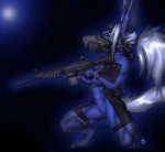 abs anthro barefoot biceps biped breasts cat_costume clothing costume crouching digitigrade feet female gas_mask gun hair holding_gun holding_object holding_ranged_weapon holding_weapon mask muscular muscular_anthro muscular_female ponytail ranged_weapon rifle solo tail weapon krinkels cyera canid canine mammal