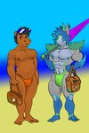 abs anthro areola bag beach beach_background belly biped black_hair blue_hair body_hair brown_body brown_fur bulge chest_hair clothing duo eyewear eyewear_on_head feet fur hair horn humanoid_feet male male_anthro multicolored_body multicolored_fur multicolored_hair muscular muscular_anthro muscular_male muscular_thighs nipple_piercing nipples orange_clothing orange_swimwear pecs piercing pink_clothing pink_swimwear plantigrade slightly_chubby slightly_chubby_anthro slightly_chubby_male solo sunglasses sunglasses_on_head sunshade swimming_trunks swimwear thick_thighs arguzzz_(artist) capivara_furra crash_team_racing_(series) doom_(series) garfield_(series) grim_fandango id_software microsoft minecraft mojang mythology xbox_game_studios arguzzz capybara caviid dragon mammal mythological_creature mythological_scalie rodent scalie 2:3 blue_and_grey hi_res monochrome