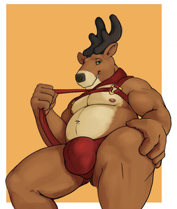 anthro antlers big_bulge bulge collar countershading detailed_bulge genital_outline harness holidays horn leash leash_pull looking_at_viewer male musclegut muscular muscular_male overweight overweight_male penis_outline simple_background smile solo nsix christmas deer mammal new_world_deer reindeer hi_res