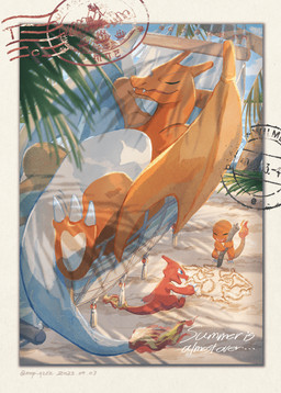 ambiguous_gender anthro beach blue_eyes claws day fangs featureless_crotch fire flaming_tail group hammock hands_behind_head male orange_body orange_wings outside postcard red_body relaxing sand seaside smile tail tailbutt teeth text toe_claws trio wide_crotch wings mop_qzzz mythology nintendo pokemon charizard charmander charmeleon dragon generation_1_pokemon mythological_creature mythological_scalie pokemon_(species) scalie 2023 colored english_text hi_res signature