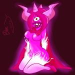 1_eye breasts buckteeth cape clothing female fire footwear hair high_heels horn lips not_furry pink_hair sharp_teeth shoes solo spikes teeth text bluejr disney gravity_falls pyronica demon humanoid monster 1:1 2015 english_text hi_res