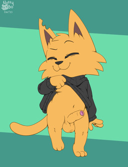 balls bottomwear chibi clothing erection foreskin fur genitals humanoid_genitalia humanoid_penis looking_at_viewer male penis presenting simple_background sweater tail topwear nutty_bo domestic_cat felid feline felis mammal hi_res