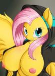 2016 anthro anthrofied areola big_breasts blue_eyes breasts casual_exposure clothed clothing conditional_dnp equid equine eyelashes feathered_wings feathers female fluttershy_(mlp) friendship_is_magic fur gradient_background grey_background hair hand_on_hip hasbro hi_res hoodie huge_breasts looking_at_viewer mammal my_little_pony mythological_creature mythological_equine mythology nipple_dip nipples pegasus pink_areola pink_hair pink_nipples simple_background smile solo suirano topwear wings yellow_body yellow_feathers yellow_fur