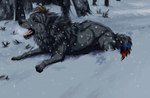 ambiguous_gender black_lips black_nose blue_eyes cheek_tuft ears_back facial_tuft feral fur grey_body grey_fur lips lying neck_tuft on_front open_mouth outside pivoted_ears side_view snow solo text tuft msdeadsoul canid canine mammal 2022 artist_name dated