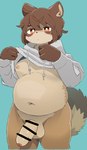 anthro balls belly big_belly blue_background blush brown_body clothing erection foreskin genitals hoodie humanoid_genitalia humanoid_hands humanoid_penis kemono male moobs navel nipples overweight overweight_male penis simple_background solo topwear si_ra_ta_ma3 canid canine mammal raccoon_dog tanuki 2022 censored hi_res