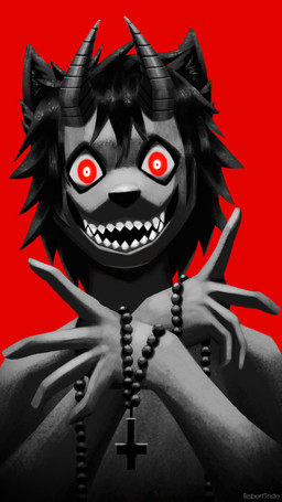 anthro beads collar cross darknessfur horn inverted_cross male prayer_beads red_background red_eyes religion rosary satanic simple_background solo teeth roberttristeart canid canine canis domestic_dog mammal monster wolf 9:16 absurd_res hi_res
