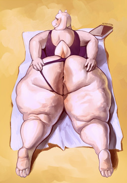 4_toes 5_fingers anthro anus beach big_breasts big_butt blush bodily_fluids book breasts butt cellulite clothed clothing clothing_aside dock_(anatomy) feet female fingers floppy_ears genitals glistening glistening_body hand_on_butt hand_on_own_butt horn huge_breasts huge_butt long_ears looking_at_viewer looking_back looking_back_at_viewer lying mature_anthro mature_female on_front one-piece_swimsuit overweight overweight_anthro overweight_female sand smile soles solo spread_butt spreading sweat sweatdrop sweaty_butt sweaty_legs sweaty_thighs swimwear tail thick_thighs toes towel vulva white_body white_tail petroverr undertale_(series) toriel boss_monster_(undertale) bovid caprine mammal hi_res signature