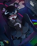 2022 4:5 ahegao ahoge anthro bear big_head black_hair black_nose blush bodily_fluids breast_play breasts butt cable chair clitoral clitoral_fingering clitoral_masturbation clothing collar collar_ring computer_keyboard detailed_background electronics eye_roll female female_anthro fingering fingering_self foxinshadow front_view furniture genital_fluids genitals giant_panda glowstick hair hand_behind_head heart_(marking) heart_ahoge hi_res high-angle_view inside kenny_(kenashcorp) legwear legwear_only looking_pleasured lying mammal markings masturbation monitor mostly_nude nipples on_back on_chair open_mouth picture_in_picture pussy pussy_juice_string rgb_lighting saliva saliva_string short_hair small_breasts solo spiked_collar spikes spread_legs spreading stockings stockings_only vaginal_fluids