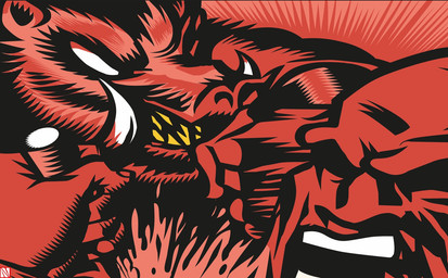 anthro blood bodily_fluids clenched_teeth duo fight fist male male_anthro male_human punch stab teeth tusks yellow_teeth brute! <pig> kmfdm human mammal suid suine sus_(pig) wild_boar alternate_version_at_source restricted_palette