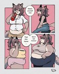 4_panel_comic anthro back_rolls belly belly_overhang belly_rolls big_belly big_breasts big_butt breasts butt cleavage cleavage_overflow clothed clothing deep_navel fat_arms fat_rolls female fit_to_fat hand_on_hip huge_belly huge_breasts huge_butt huge_thighs ill_fitting_clothing licking licking_lips midriff morbidly_obese morbidly_obese_female navel obese obese_female overweight overweight_female selfie solo text thick_thighs tongue tongue_out weight_gain carcupholder canid canine fox mammal comic english_text hi_res