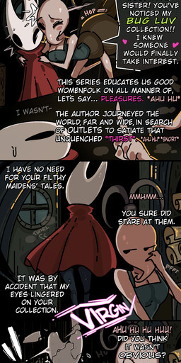 13_panel_comic 2_horns antennae_(anatomy) arthropod_abdomen biped black_eyes blush bodily_fluids book breasts building cloak clothing cracks dialogue door duo ellipsis exclamation_point female fingers glowing green_text heart_symbol holding_book holding_object horn inside looking_at_another motion_lines pink_text red_cloak red_clothing sleeping sound_effects spider_web standing sweat sweatdrop talking_to_another text vowelless vowelless_sound_effect white_text window wings zzz genvoke hollow_knight_(franchise) team_cherry cornifer_(hollow_knight) hornet_(hollow_knight) iselda_(hollow_knight) arthropod bee hymenopteran insect 2025 absurd_res artist_name comic english_text hi_res long_image tall_image