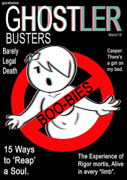 accessory big_breasts black_background breasts convenient_censorship female fictional_magazine_cover hair hair_accessory looking_at_viewer not_furry nude open_mouth simple_background solo text thick_thighs wide_hips garabatoz cartoon_network ghostbusters the_amazing_world_of_gumball carrie_krueger ghost humanoid mammal spirit cover english_text magazine_cover