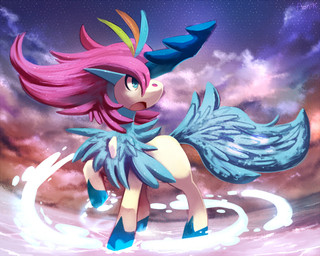 ambiguous_gender cloud feral ice pose quadruped solo star sunset water aonik nintendo pokemon equid equine generation_5_pokemon keldeo keldeo_(resolute_form) legendary_pokemon mammal pokemon_(species)