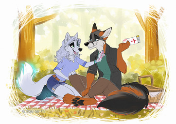 4_toes anthro barefoot black_pawpads claws clothed clothing duo feet female fur hair male pawpads pink_pawpads smile soles ticket toes multyashka-sweet hana_(bonnie-las) sibeor_(sibeorhusky) canid canine canis fox grey_fox hybrid mammal red_fox true_fox urocyon wolf 2017