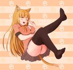 blush bottomwear butt clothed clothing female gesture hand_gesture legwear looking_at_viewer one_eye_closed skirt solo thigh_highs v_sign wink nao_(artist) animal_humanoid cat_humanoid felid felid_humanoid feline feline_humanoid humanoid mammal mammal_humanoid digital_media_(artwork) shaded