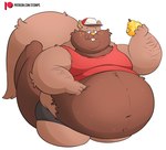 anthro belly big_belly bottomwear brown_body clothing eating food fruit hat headgear headwear humanoid_hands male obese obese_male overweight overweight_male plant shirt shorts solo text topwear stompsyeen nintendo pokemon generation_8_pokemon greedent mammal pokemon_(species) rodent sciurid 2023 hi_res url