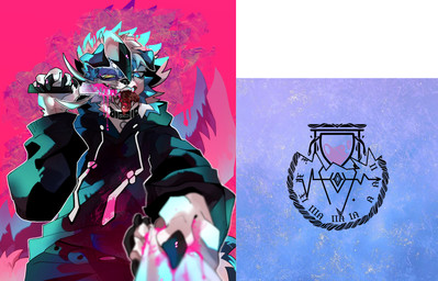 ambiguous_gender anthro blood blue_eyes bodily_fluids clothed clothing collar colored_blood heterochromia hoodie knife knife_play looking_at_viewer pattern_background pink_blood simple_background solo topwear unusual_blood unusual_bodily_fluids yellow_eyes yapingningzaitaoxingganhaibao nintendo pokemon yean_(kianyemao) generation_7_pokemon lycanroc midnight_lycanroc pokemon_(species) absurd_res hi_res