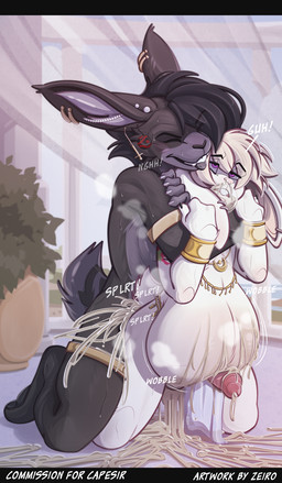 anal anthro anthro_on_anthro anthro_penetrated anthro_penetrating anthro_penetrating_anthro arabic armlet balls belly big_belly big_penis black_body black_fur blonde_hair blush bodily_fluids bottomwear bracelet bubble buckteeth clothed clothing cum cum_bubble cum_from_mouth cum_from_nose cum_in_ass cum_in_mouth cum_in_nose cum_inflation cum_inside cum_pooling cum_vomit dialogue duo ear_piercing ear_ring egyptian egyptian_clothing erection excessive_cum excessive_genital_fluids fur genital_fluids genitals gold_(metal) gold_bracelet gold_jewelry hair humanoid_genitalia humanoid_penis inflation inner_ear_fluff jewelry legband long_ears male male/male male_penetrated male_penetrating male_penetrating_male motion_lines open_mouth penetration penile penile_penetration penis piercing plap prince purple_eyes ring_piercing royalty sex sex_slave simple_background slave sloppy_seconds smile tail teeth text thighlet tongue tuft white_body white_fur zeiro julian_(tserossa) zerva_von_zadok_(capesir) hare lagomorph leporid mammal rabbit 2026 digital_media_(artwork) english_text hi_res