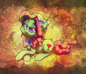 abstract_background cutie_mark dreadlocks female feral flower fur green_body green_fur hair multicolored_hair plant purple_eyes scarf smile solo two_tone_hair celebi-yoshi friendship_is_magic hasbro my_little_pony tree_hugger_(mlp) earth_pony equid equine horse mammal pony 2015 hi_res
