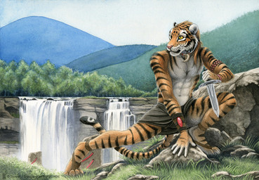 anthro armlet athletic athletic_anthro athletic_male collar crouching dagger detailed_background male melee_weapon nature outside reverse_grip sky solo water waterfall weapon yellow_eyes shinigamigirl felid mammal pantherine tiger 2014