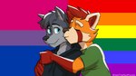 anthro bisexual_pride_colors black_clothing black_hoodie black_nose black_topwear clothing duo eyes_closed fur green_clothing green_shirt green_topwear grey_body grey_fur grey_hair hair hoodie kissing lgbt_pride male male/male orange_body orange_fur pride_color_background pride_colors rainbow_background rainbow_pride_colors rainbow_symbol red_body red_fur shirt simple_background six-stripe_rainbow_pride_colors smile t-shirt tan_body tan_fur teeth_showing topwear sebtheredpanda seb_the_red_panda zach_the_wolf ailurid canid canine canis mammal red_panda wolf 16:9 4k absurd_res hi_res widescreen