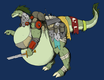 anthro armor bag banner claws feathers female hyper hyper_pregnancy melee_weapon polearm pregnant pregnant_anthro pregnant_female shield solo spear sword weapon vwpologt dinosaur feathered_dinosaur feathered_scalie monster prehistoric_species reptile scalie alpha_channel hi_res