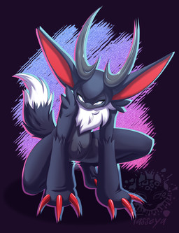 3_claws ankle_tuft anthro anthrofied antlers arm_tuft big_claws biped black_body black_fur black_hair blue_background blue_eyes blue_nose claw_fingers claws crouching curved_horn digitigrade dipstick_tail disapproval femboy fluffy fluffy_tail fur glowing glowing_eyes gradient_background hair horn leg_tuft long_ears male male_anthro markings multicolored_body multicolored_fur neck_tuft pink_background plantigrade purple_background purple_spots red_inner_ear scimitar_horns sharp_horn shoulder_tuft simple_background solo spots tail tail_brush tail_markings text thick_thighs tuft two_tone_body two_tone_fur white_body white_fur tasseya palworld pocketpair lagomorph leporid loupmoon mammal pal_(species) rabbit werecreature werelagomorph wererabbit 2026 absurd_res digital_drawing_(artwork) digital_media_(artwork) hi_res signature url watermark