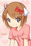 accessory blue_eyes bow_(feature) bow_accessory bow_ribbon brown_hair clothed clothing fangs female hair hair_accessory hair_bow hair_ribbon heart_symbol ribbons shirt short_hair solo teeth text text_on_clothing text_on_shirt text_on_topwear topwear unknown_artist 4chan moot animal_humanoid cat_humanoid felid felid_humanoid feline feline_humanoid humanoid mammal mammal_humanoid