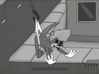 anthro briefs briefs_pull building city clothing gloves grey_hair grey_text hair handwear male open_mouth outside road sewer_grate shocked solo teeth_showing tighty_whities tongue_showing toony underwear whiskers white_briefs white_clothing white_gloves white_handwear white_underwear cj_the_otter hooky_(spongebob) mammal mustelid otter 4:3 hi_res monochrome signature