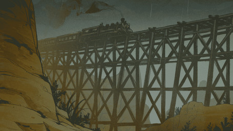 bridge landscape_background low-angle_view mountain plant railway_track raining sky smoke train valley vehicle western wind zero_pictured zanity animated digital_media_(artwork) restricted_palette short_playtime wallpaper