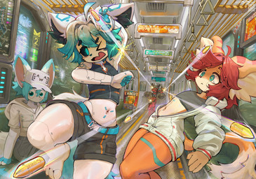 anthro bottomwear bullet clothed clothing detailed_background group hat headgear headwear hoodie kemono machine male pawpads shooting shorts subway topwear arcadius0505 arca_(arcadius0505) echo_(echowocha) android canid canine mammal robot 2026 hi_res